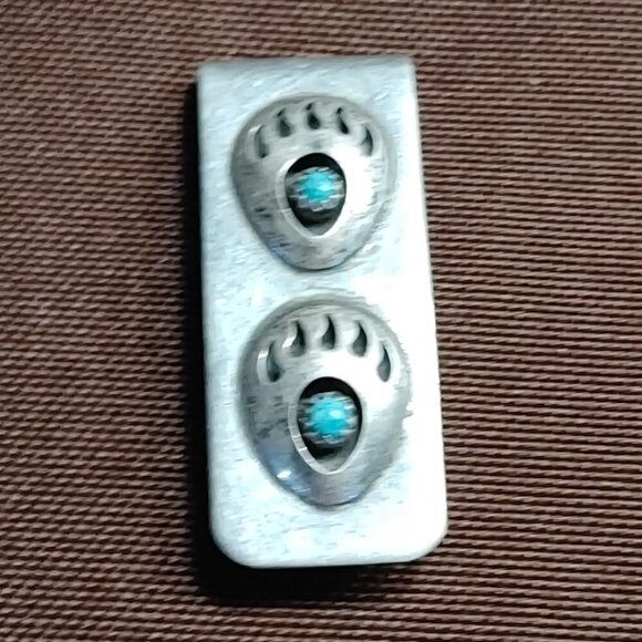Sterling Silver And Turquoise Navajo Bear Paw Money Clip - Picture 1 of 5
